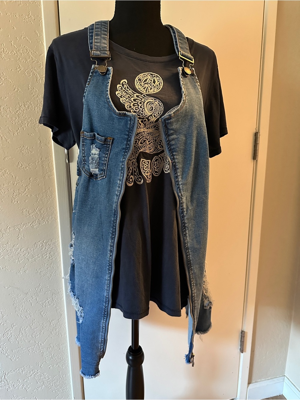 Denim Jumper Dress - Juniors Size Large- Zipper Front/ Distressed Blue Stretchy - Picture 8 of 15